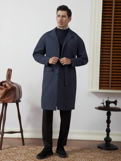 Core Aspect Men's Button Front Long Sleeve Pocket Simple Casual Trench Coat, Going Out Flannel Trench Coat, For Friends, Husband, Boyfriend Gifts Men Long Coat Navy Blue Men, 2025 New Men's Autumn And Winter Bestsellers, Versatile Outerwear And Overcoats, Versatile Items For Daily Commuting, Travel, Husband And Boyfriend Gifts For Friends, Casual And Simple Style, Urban Mature Style, British Gentleman Style, Men's Cinched-Waist Overcoat Coat