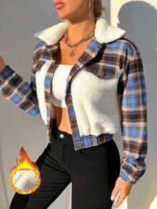 Chiquease Áo khoác nữ cổ lông giả chắp vá cài nút phía trước, Thu/Đông - Màu xanh lam - Xem 3