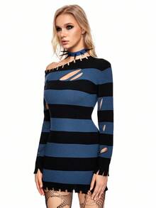 ROMWE Grunge Punk Long Ripped Red & Black Striped Pullover Sweater - Multicolor - View 3