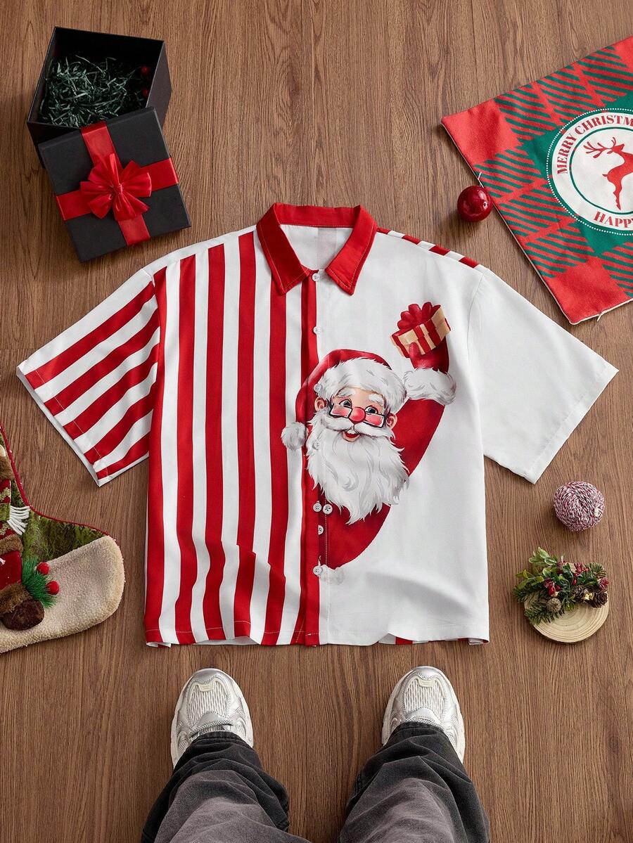 Manfinity VCAY 男士条纹圣诞老人印花衬衫 - 白色 - 查看 1