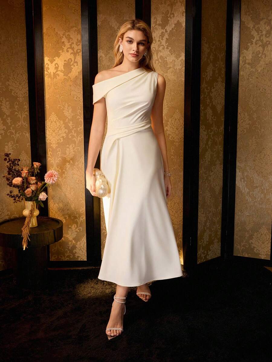 MOTF PREMIUM 翻领不对称肩部褶饰腰部喇叭下摆连衣裙 - 淡黃色 - 查看 1