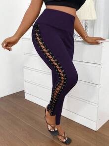 Maweii Plus Size Contrast Color High Waist Eyelet Lace-Up Leggings - Purple - View 4