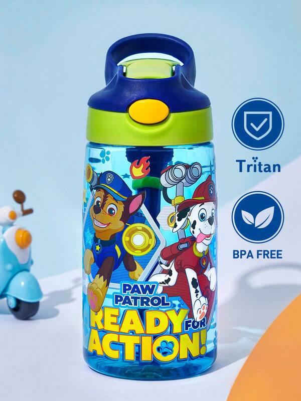 SHEIN | PAW Patrol 16 Oz / 500 Ml Cartoon Pattern Water Bottle With Silicone Straw And Spill-Proof Lid,Suitable For Travel, Tourism, And School ,Tritan , Back To School