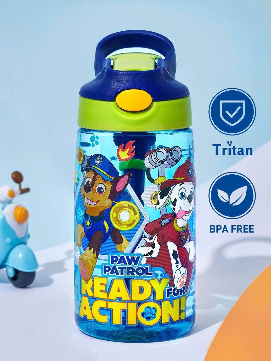 SHEIN | PAW Patrol 16 盎司/500 毫升卡通图案水瓶，带硅胶吸管和防溢盖，适合旅行、旅游和学校，Tritan， - 藍色 - 查看 1
