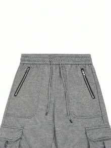 Manfinity Homme Quần nỉ nam dáng rộng có túi nắp, dây rút eo - Màu xám đen - Xem 4