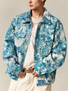 Casual 男士花卉提花长袖拉链休闲翻领夹克，秋季 - 藍色 - 查看 6