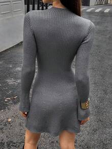SHEIN Unity Women's Simple & Sweet Gray Flare Sleeve Hollow Out Knit Sweater Dress, Autumn/Winter - Grey - View 2