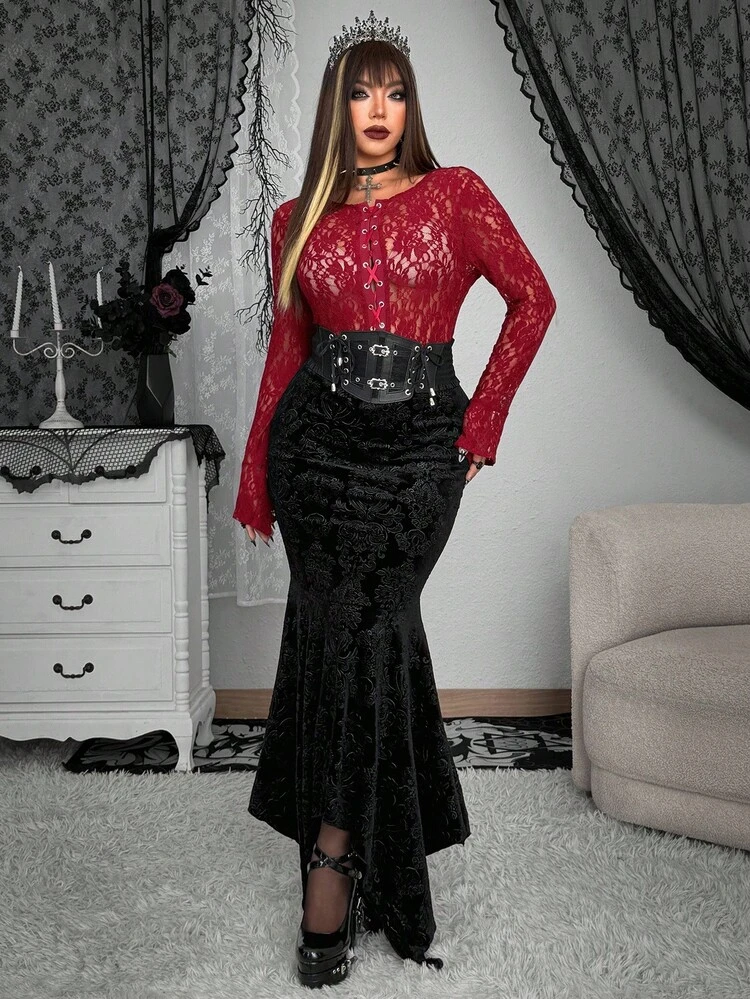 Whyspr Grunge Punk Plus Size Women Elegant Plush Jacquard A-Line