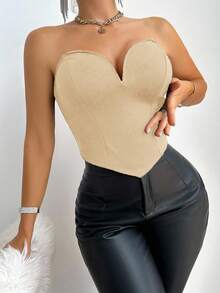 VaVaBold Women Solid Color Asymmetric Hem Bandeau Sexy Top - Apricot - View 4