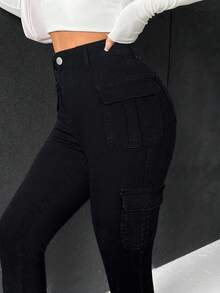 SHEIN ICON Flap Pocket Side Stripe Skinny Jeans, Fall Women Clothes - Black - View 3