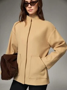 Hanevo Women's Casual Stand Collar Button Pocket Regular Overcoat, Winter - Apricot - View 4