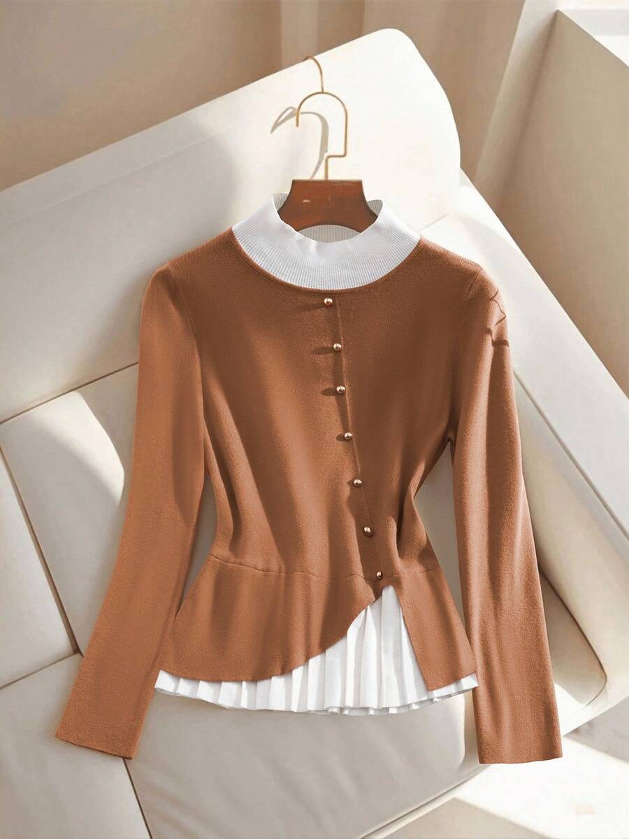 SHEIN Clasi Suéter casual de mujer de talla grande con cuello alto, manga larga, diseño de botones y contraste de color, para otoño/invierno