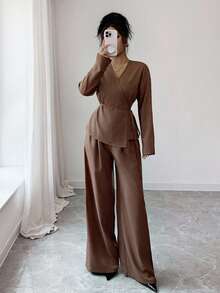 Elenzga Conjunto de 2 piezas de camisa de manga larga con cuello y pantalones anchos y sueltos, de tela tejida en color marrón café, adecuado para atuendo casual de mujer a principios de otoño, apropiado para citas, regreso a la escuela, atuendo de maestra, estilo de Oriente Medio, elegante y maduro, atuendo de oficina, estilo francés elegante, moda coreana. - Café integral - Ver 5