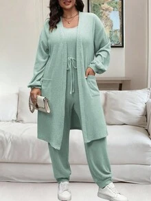 Vionelle 2件套女士纯色无袖连体裤和长袖开衫套装 - 薄荷綠 - 查看 3