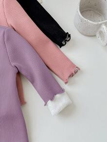 SHEIN LMoss Kids 3 قطع/مجموعة بلوزات بناتية صغيرة ذات لون واحد مع حافة مكسرة، أكمام طويلة، مبطنة حرارياً، للخريف والشتاء - متعدد الألوان - مشاهدة 4