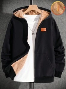SHEIN 儿童/青少年男童休闲皮革贴片连帽拉链厚针织夹克，红色和黑色，适合通勤、上学、日常、度假、运动、春季、夏季、秋季、冬季 - 黑色 - 查看 1