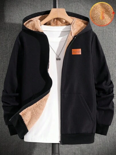 SHEIN 儿童/青少年男童休闲皮革贴片连帽拉链厚针织夹克，红色和黑色，适合通勤、上学、日常、度假、运动、春季、夏季、秋季、冬季