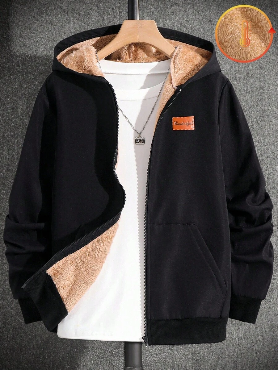 SHEIN 儿童/青少年男童休闲皮革贴片连帽拉链厚针织夹克,红色和黑色,适合通勤、上学、日常、度假、运动、春季、夏季、秋季、冬季 - 黑色 - 查看 1