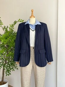 SHEIN LUNE 秋冬大码时尚通勤条纹西装外套 - 藏蓝色 - 查看 5