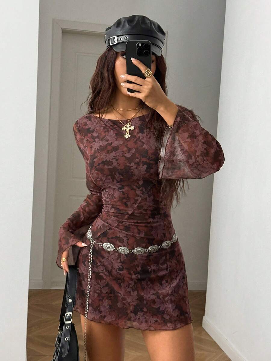 StreetHx Retro American Tie-Dye Wasteland Print Flare Sleeve A-Line Mesh Short Dress, Autumn/Winter - Brown - View 1