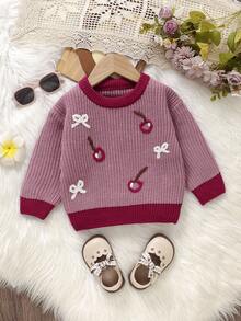 SHEIN Vintaside Kids 1 件米色休闲套头毛衣，蜜蜂图案，适合幼儿，长袖 - 粉色 - 查看 5