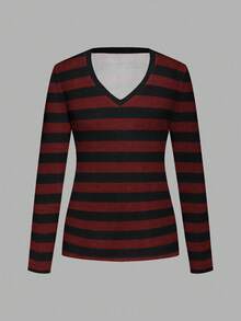 Attitoon Women's V-Neck Striped Pattern Fitted Long Sleeve T-Shirt, Spring/Autumn - Multicolor - View 2