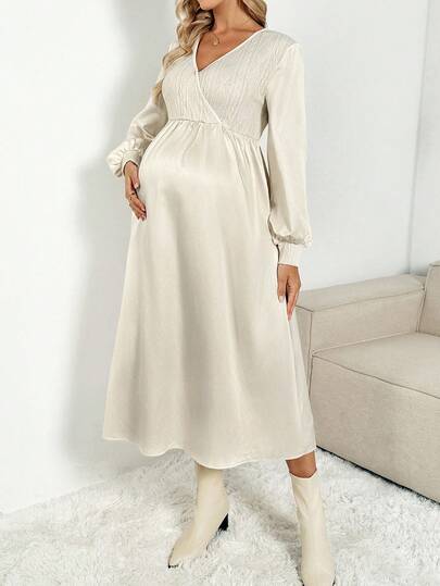 SHEIN 孕妇V领灯笼袖优雅连衣裙