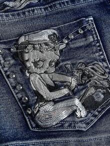 Betty Boop | ROMWE Spring/Summer Vintage Y2K Punk Style Super Low Waist Super Short Embroidered Pistol Women's Denim Shorts - Dark Wash - View 4