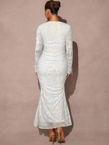 MaterniChic Elegant Textured Ruched Fishtail Hem Maternity Dress, Autumn - White - View 2