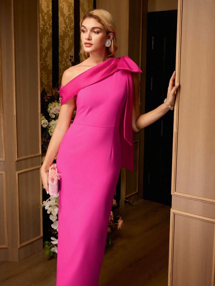 ASYMMETRICAL NECK BOW DETAIL SLIM FIT DRESS