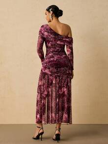 SHEIN VCAY Plus Size Romantic Party Cold-Shoulder Sexy Fitted Leopard & Floral Print Long Sleeve Maxi Dress