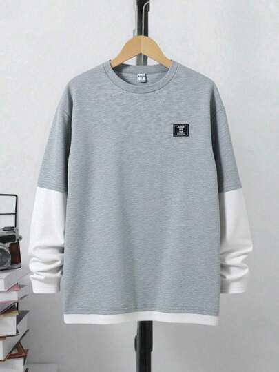 SHEIN 青少年男孩灰色拼布简约超大 T 恤，休闲学院风，舒适实用，面料柔软，适合日常穿着、上学、郊游、户外活动、秋冬、返校、派对