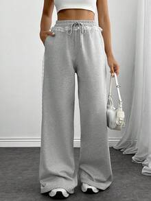 SHEIN Women's Grey Melange Wide-Leg Pants With Lace Trim Detail - Grey - View 5