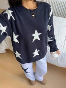 INAWLY Women's Casual Star Pattern Sweater, Autumn/Winter - Navy Blue - View 5