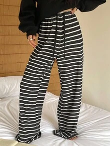 DAZY 女士宽松休闲条纹拼布直筒裤，适合秋季和春季 - 黑與白 - 查看 2