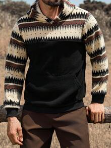 Manfinity Nomadique Men's Casual Retro Geometric Pattern Pocket Hoodie, Autumn/Winter Western Hoodies Western Mens Clothing Cowboy Hoodies For Men Daily Leisure, Weekend Trips, Outdoor Activities, Travel Expeditions, Relaxed Work Environments Or Semi-Formal Occasions,Boyfriend/Husband Gift, Anniversary Gift