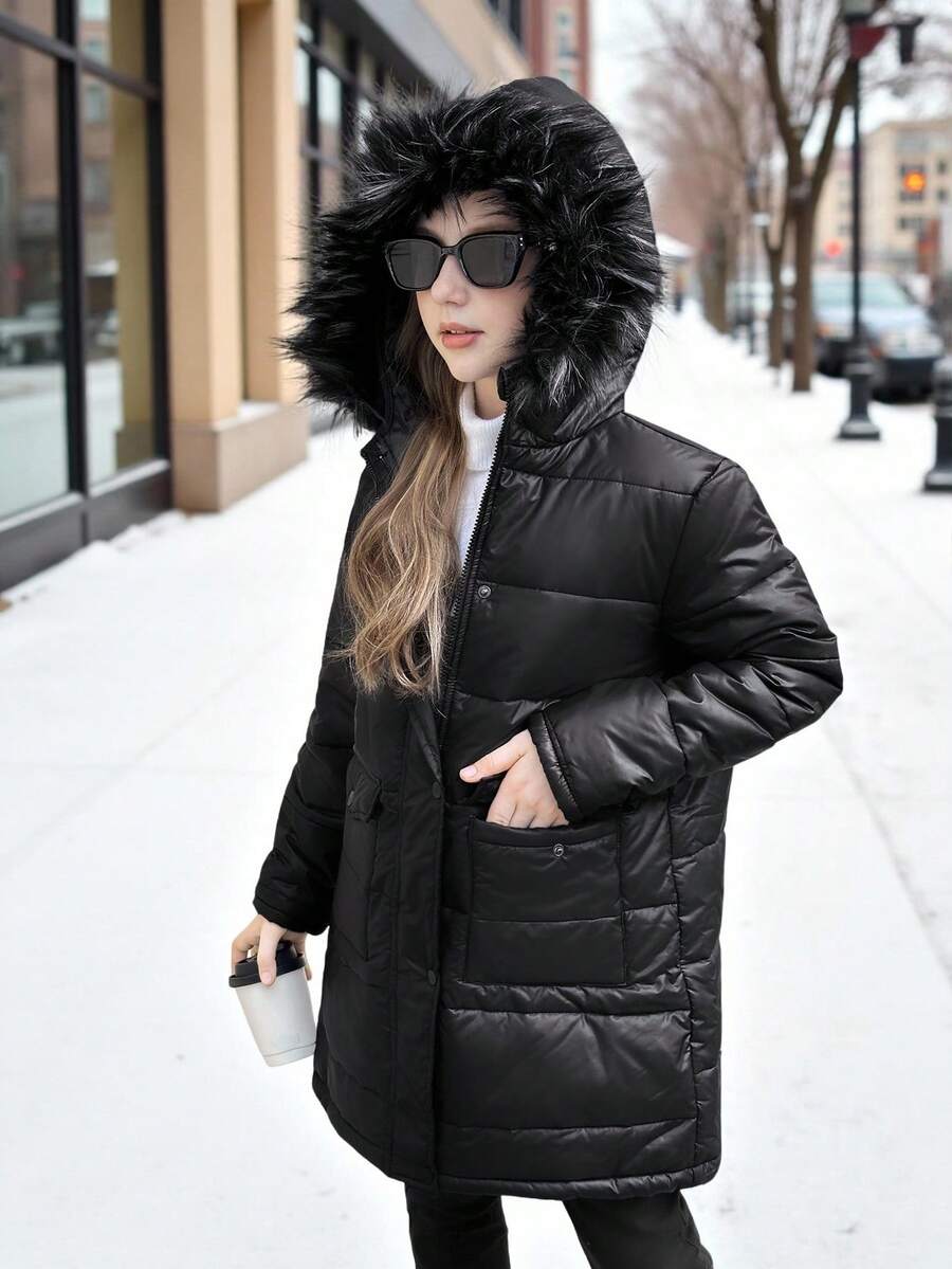 SHEIN Manteau long matelassé à capuche et fermeture éclair pour filles préadolescentes, avec poches, polyvalent pour les sorties, automne/hiver - Noir - Voir 1
