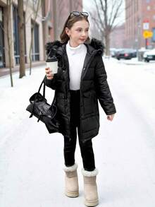 SHEIN Manteau long matelassé à capuche et fermeture éclair pour filles préadolescentes, avec poches, polyvalent pour les sorties, automne/hiver - Noir - Voir 6