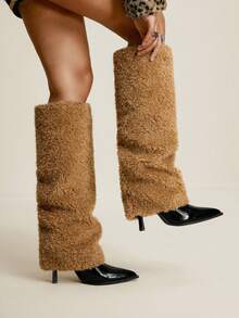 Daringsoles Women's Fashionable Fluffy High Heel Over-The-Knee Boots For Christmas - Black - View 3