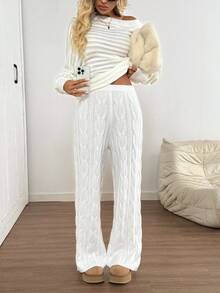 SHEIN LUNE Women's White Straight-Leg Pants,Casual Autumn Winter Cable Knit Sweater Pants,Warm Comfy Lounge Holiday Knit Pants For Women - Orange - View 2