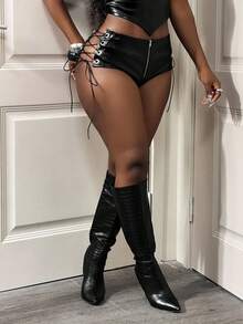 BamGleam Women's Fashionable Sexy PU Eyelet Lace-Up Super Short Shorts, Summer