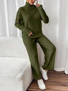 SHEIN LUNE Setelan Wanita Kasual untuk Berpergian, Warna Polos Sederhana, Sweater Rajut Longgar Leher Tinggi dan Celana Rajut 2 Potong, Musim Gugur/Dingin - Hijau Tentara - View 3