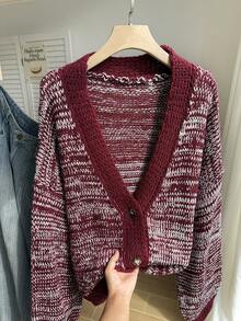 SHEIN EZwear Cárdigan holgado de punto con estampado floral navideño burdeos, para otoño/invierno, talla grande - Multicolor - Ver 2