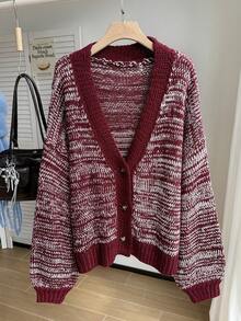 SHEIN EZwear Cárdigan holgado de punto con estampado floral navideño burdeos, para otoño/invierno, talla grande - Multicolor - Ver 7