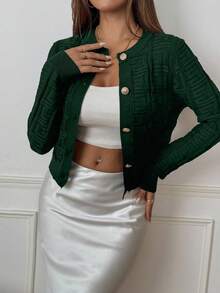 SHEIN PETITE 女式优雅希腊回纹纽扣开衫，秋季 - 墨綠色 - 查看 4