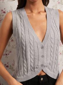 Enchnt Autumn/Winter Romantic Women's Casual Grey V-Neck Versatile Knit Vest,  Sweet&Elegant&Fashionable For Vacation&Date&Holiday&Birthday&Party&Graduation&Wedding Guest&Office&Going Out,Back To School,Fall Sweaters For Women,Autumn Clothes - Light Grey - View 1