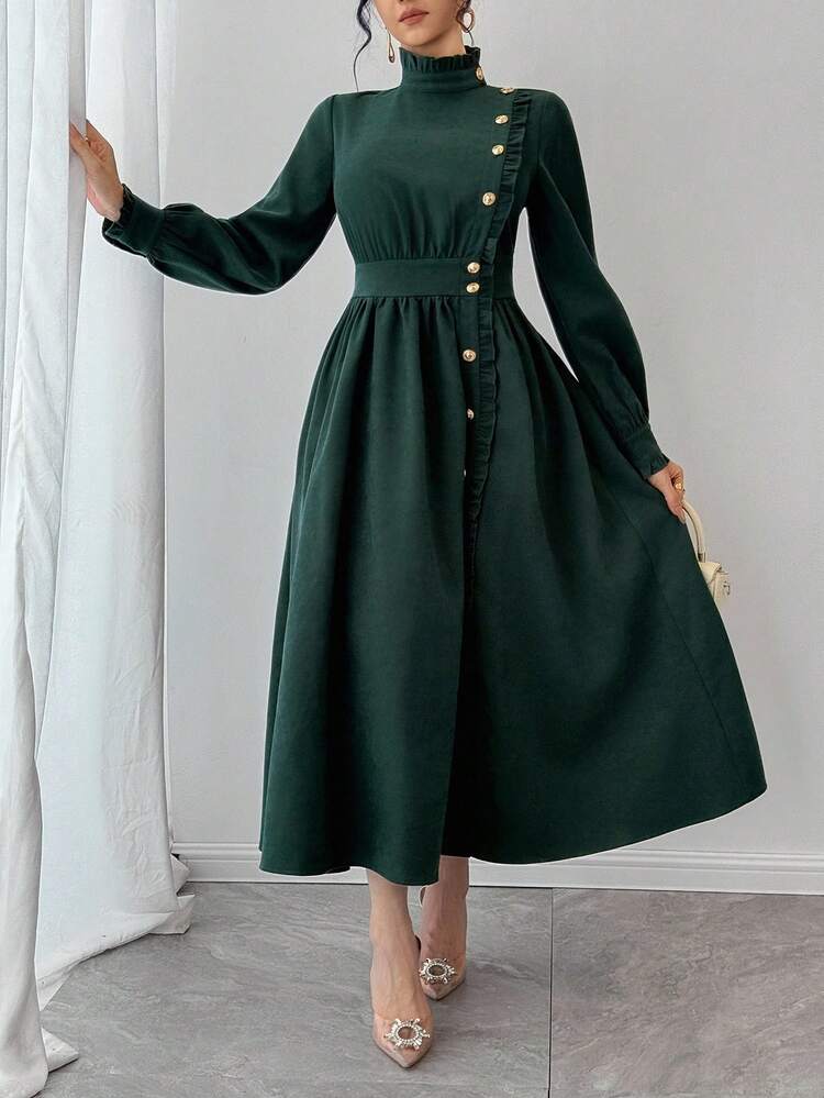 Women's Elegant High Neck Metal Button Decor Frill Trim Waist Cinched Dress, Autumn Maxi Dress