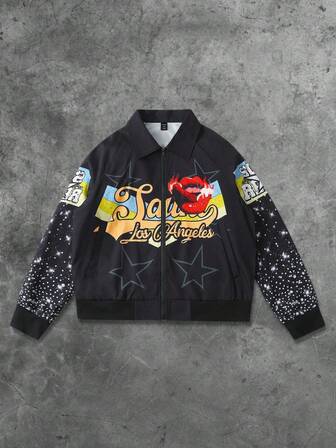 Street Life Unisex Straßen-Motorrad-Jacke im amerikanischen Stil mit Strass-Effekt, Lippen- und Buchstaben-Muster, Grunge, Herbst