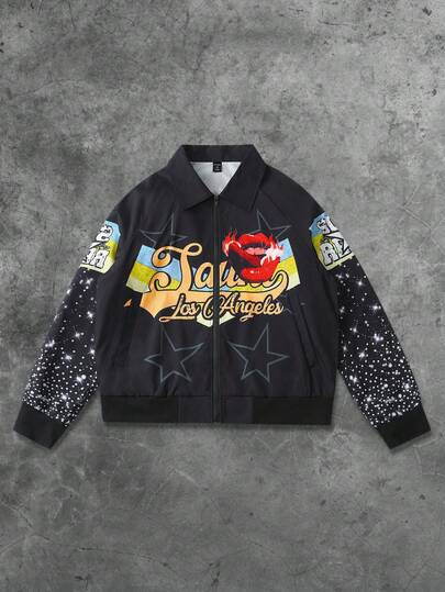 Street Life Unisex Street American Motorcycle Rhinestone Effect Lip & Letter Print Jacket, Grunge, Fall