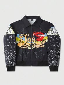 ROMWE MEN Street Life Unisex Street American Motorcycle Rhinestone Effect Lip & Letter Print Jacket, Grunge, Fall - Black - View 4